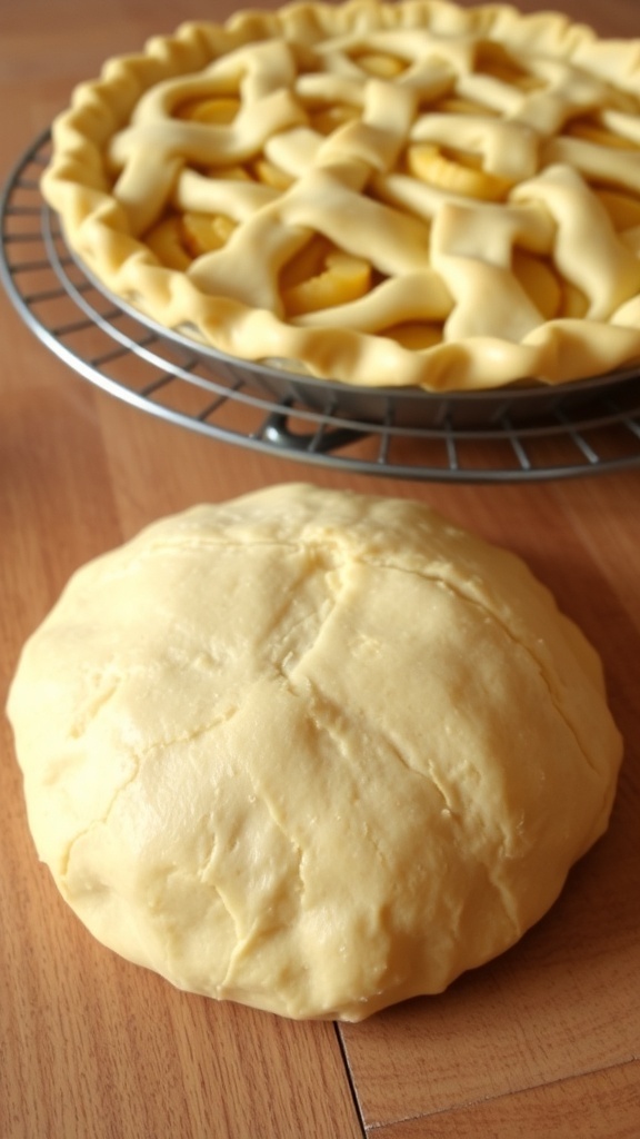 Golden brown pie crust with crimped edges on a wooden table, with a cooling apple pie in the background.